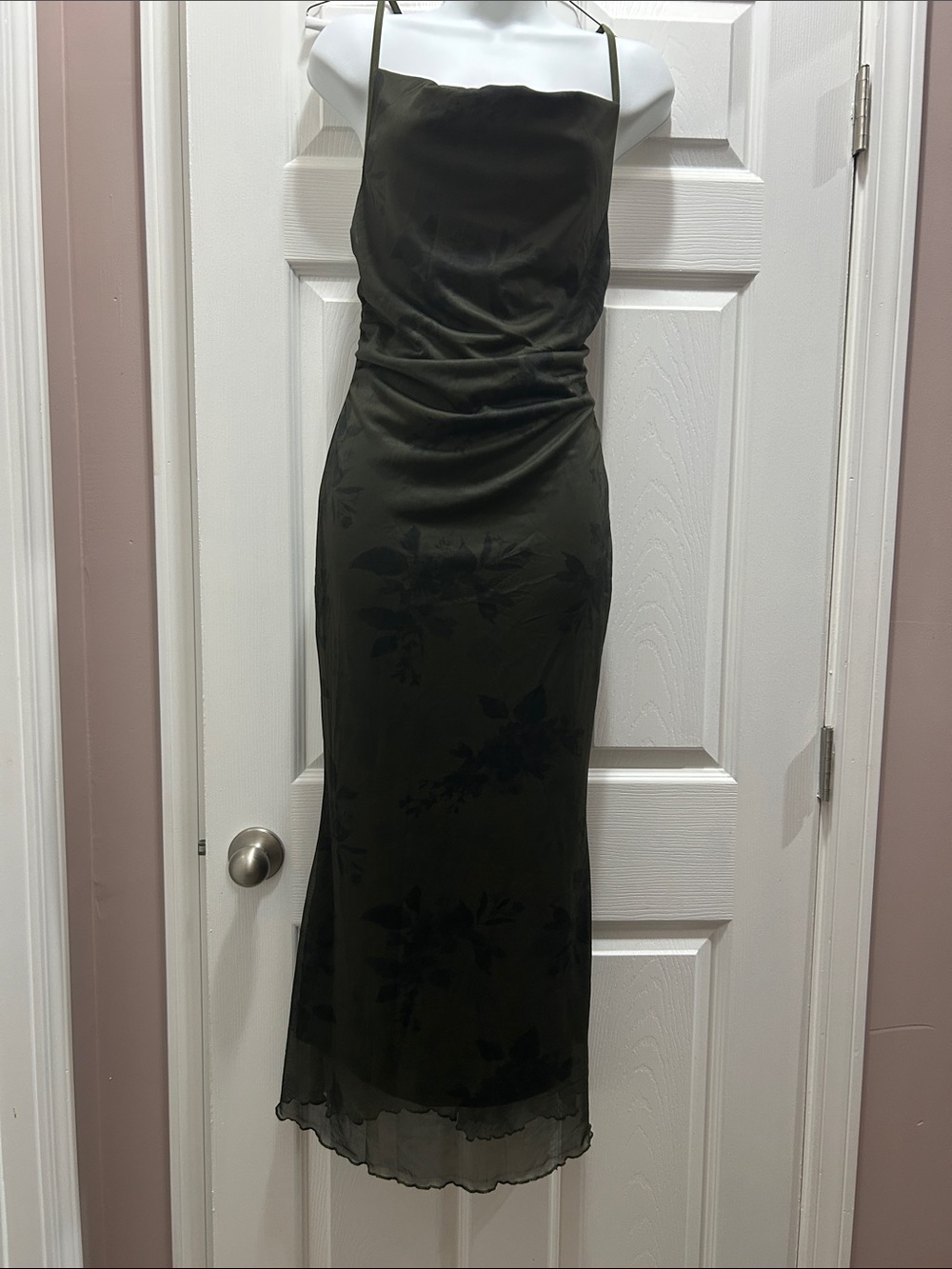 ROMWE Dark Olive Floral Satin Slip Midi Dress with Cowl Neck